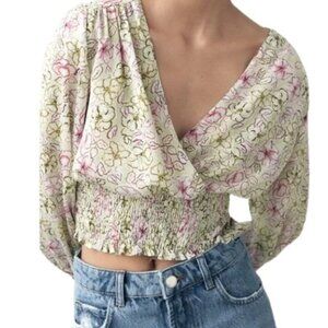Zara Womens Smocked Surplice Crop Blouse Green Floral Chiffon M